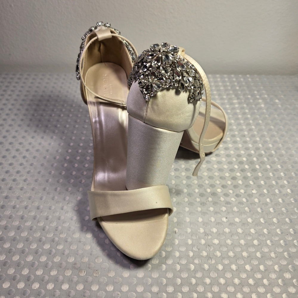 Galina Signature Kimberly Champagne Satin Crystal Block Heel Bridal Sandals 9M